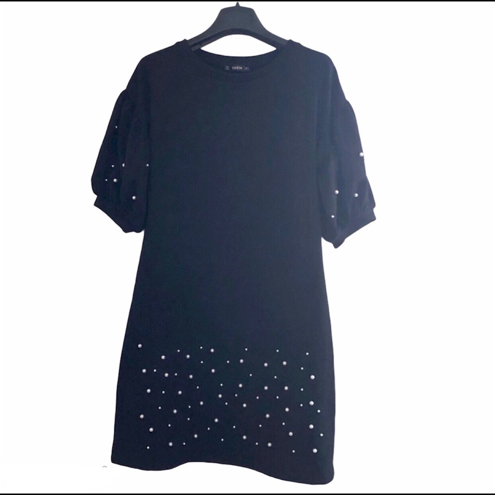 NWOT Shein pearl ballon sleeve black dress - Picture 2 of 5